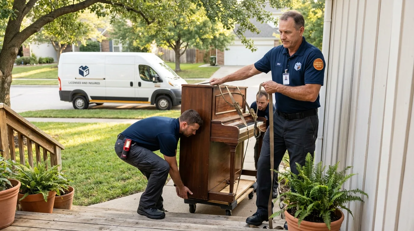 Licensed piano movers securing grand piano in Denton, MD