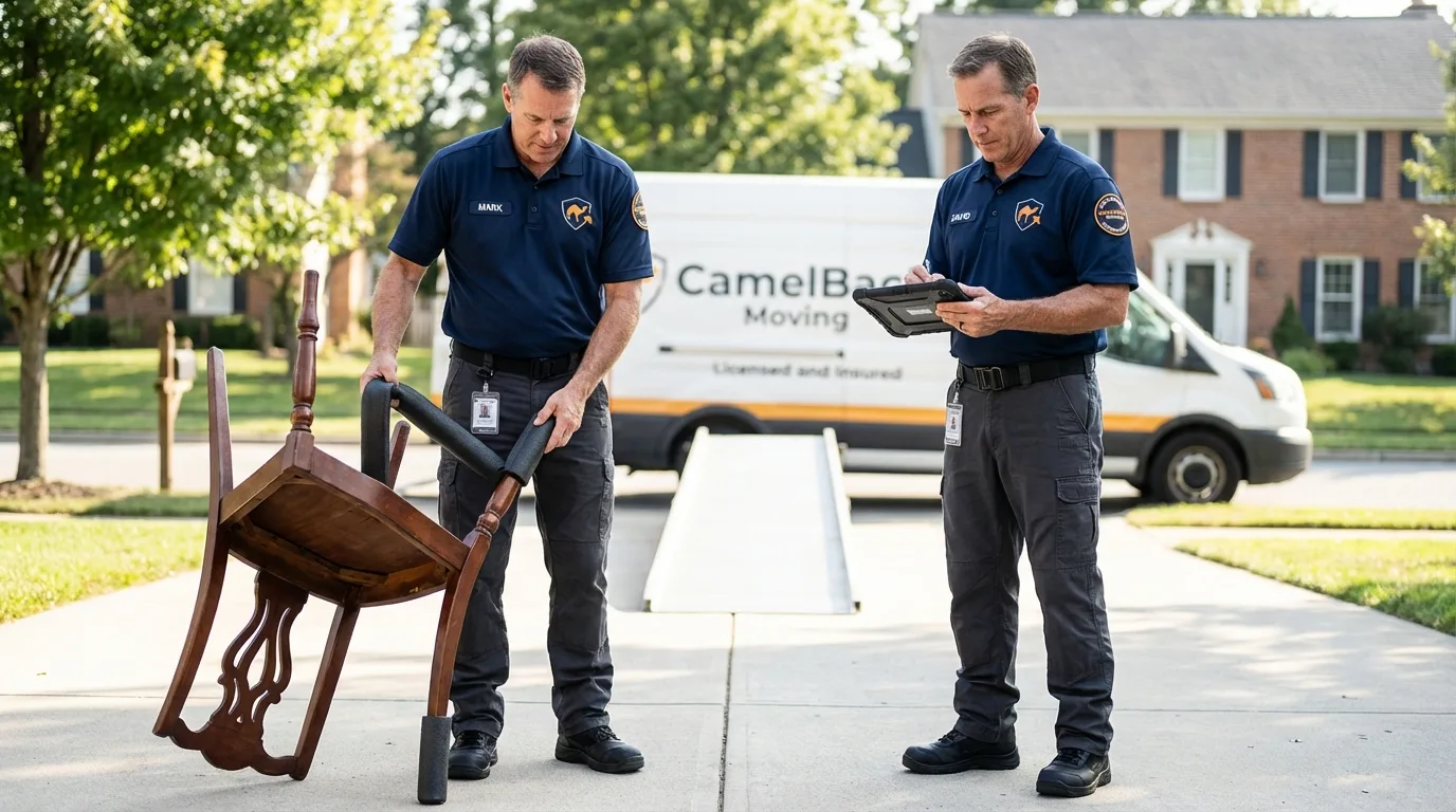Movers inspecting furniture for damage prevention before loading in Denton, MD