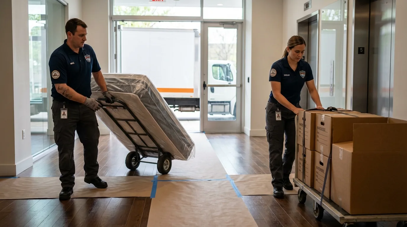 Professional apartment movers loading elevator in Denton, MD