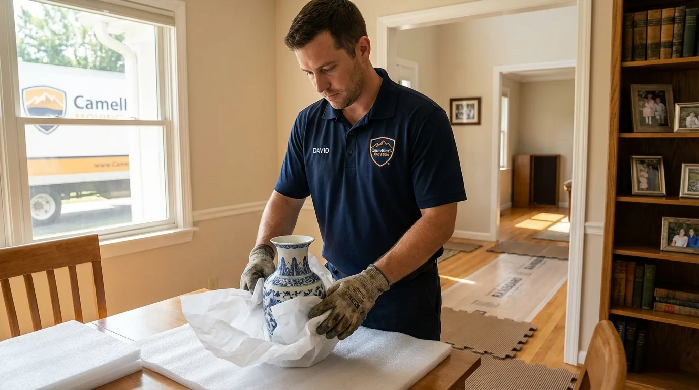 Professional crew carefully wrapping antique vase for senior downsizing move in Denton, MD